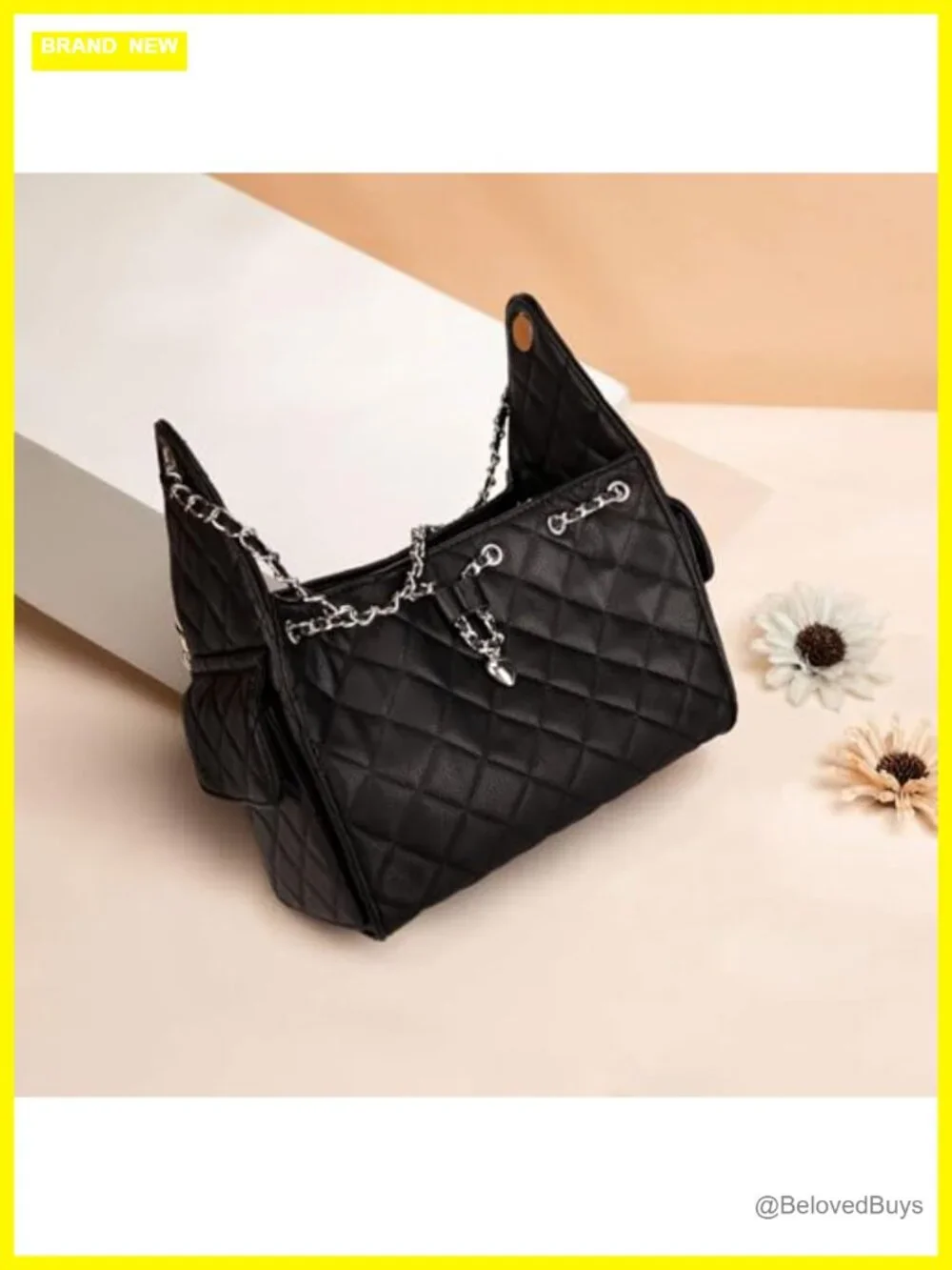 Quilted Vegan Leather Shoulder Bag Hobo Purse Chain Strap Large